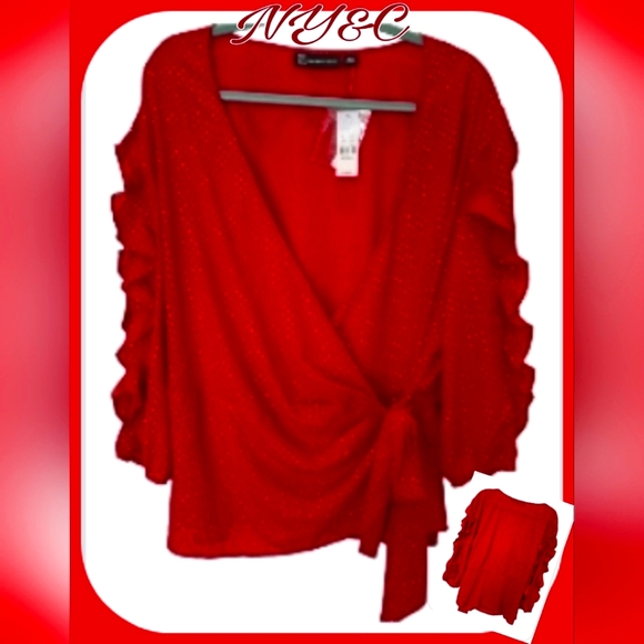 NY&C Red With Gold Polka Dot Wrap Blouse XXL  Long Sleeve Holiday Ready NWT - Picture 4 of 9